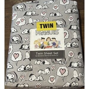 Berkshire‎ Peanuts Valentines Day Gray White Twin Sheet Set Pink Hearts New